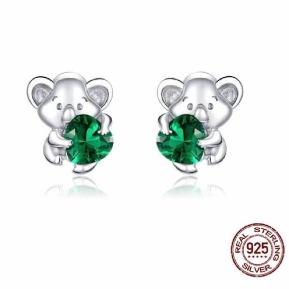 Jewelry - 925 Sterling Silver Green Emerald Color CZ Stone Cute Koala Stud Earrings